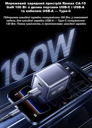 Мережевий зарядний пристрій Remax CA-15 EU GaN 100W з двома портами USB-A та Type-C і кабелем USB-A to Type-C 120W